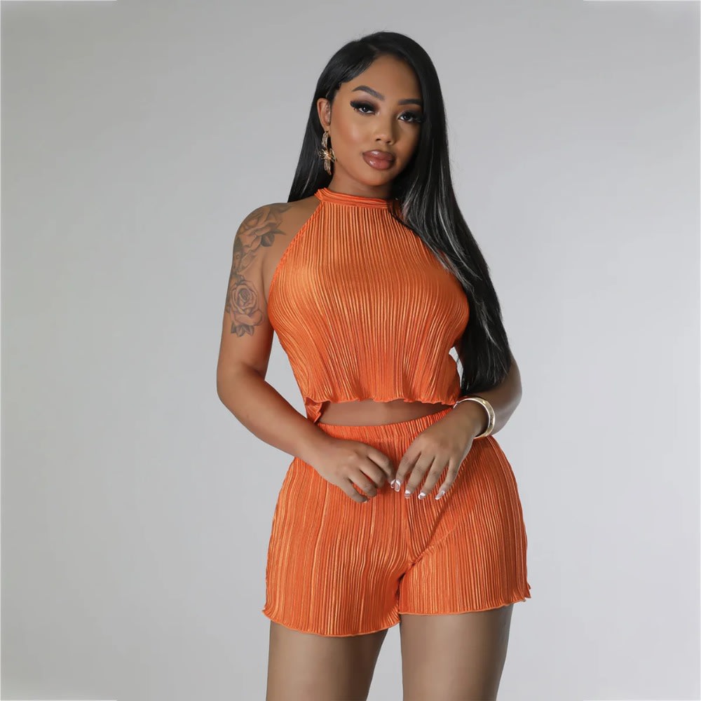 Summer Pleated Two Piece Set: Sleeveless Crop Top + Shorts Streetwear Outfit